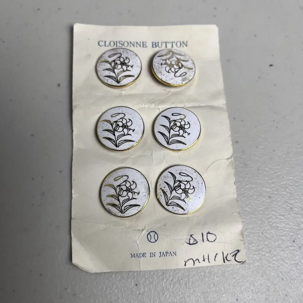 Japanese Cloisonne Enamel Buttons Original Card Japan White ENAMEL LOSS spots
